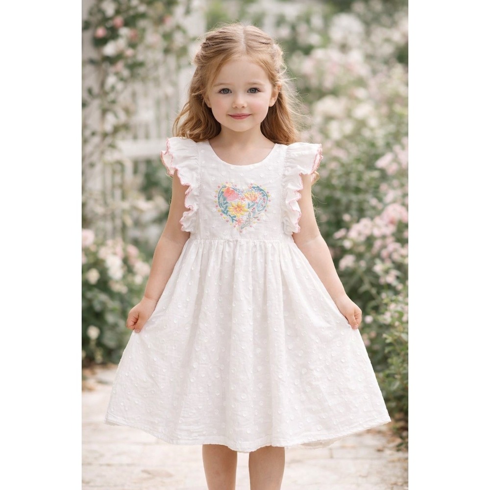 Joie Girls White Embroidered Heart Dress Size‎ 4T Swiss Dot
